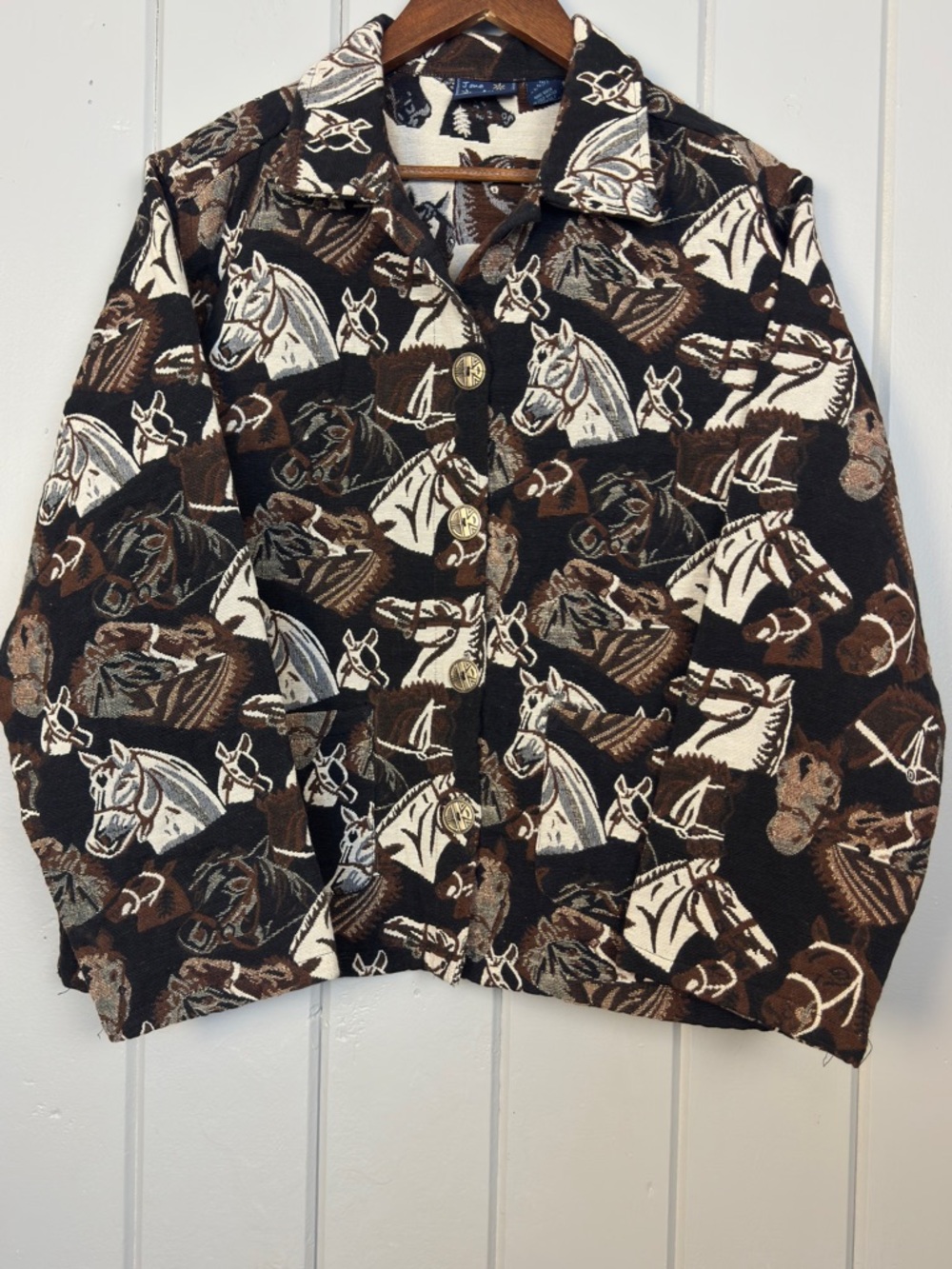 Vintage Jane Ashley 90s Equestrian Horse-Print Tapestry Jacket Western Button XL